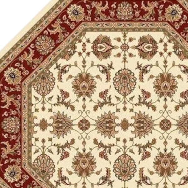 HomeRoots 7' Red Ivory and Brown Floral Medallion Area Rug – Durable, Stain-Resistant Design for Everyday Living 7' Octagon 352862