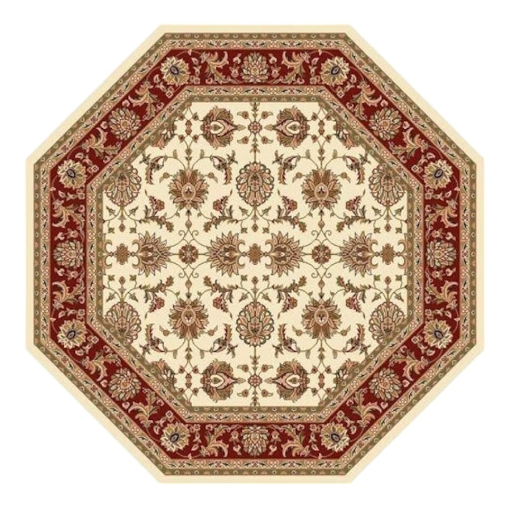 HomeRoots 7' Red Ivory and Brown Floral Medallion Area Rug – Durable, Stain-Resistant Design for Everyday Living 7' Octagon 352862