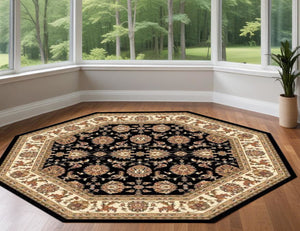 Homeroots 7' Octagon Black Or Ivory Floral Vines Bordered Indoor Area Rug  Polypropylene 352864