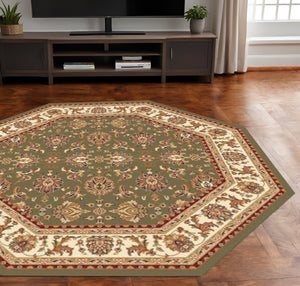 HomeRoots 7' Floral Octagon Rug - Timeless Elegance & Durable Design for Homes with Kids and Pets, Easy Care Green, Ivory 352866