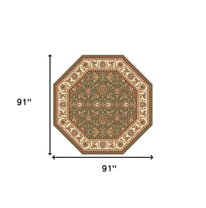 HomeRoots 7' Floral Octagon Rug - Timeless Elegance & Durable Design for Homes with Kids and Pets, Easy Care Green, Ivory 352866