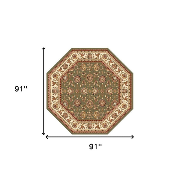 HomeRoots 7' Floral Octagon Rug - Timeless Elegance & Durable Design for Homes with Kids and Pets, Easy Care Green, Ivory 352866
