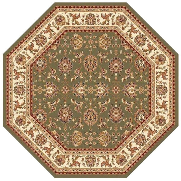 HomeRoots 7' Floral Octagon Rug - Timeless Elegance & Durable Design for Homes with Kids and Pets, Easy Care Green, Ivory 352866