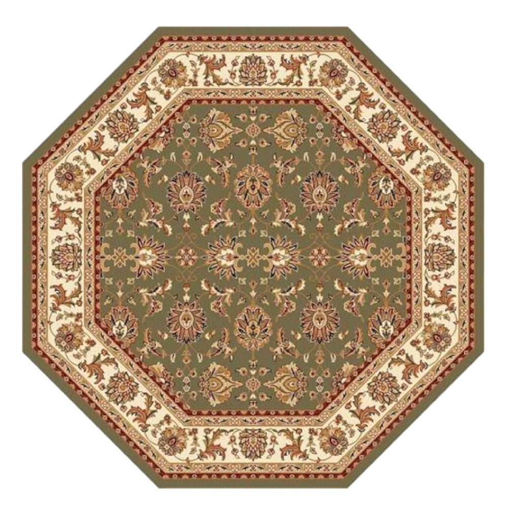 HomeRoots 7' Floral Octagon Rug - Timeless Elegance & Durable Design for Homes with Kids and Pets, Easy Care Green, Ivory 352866