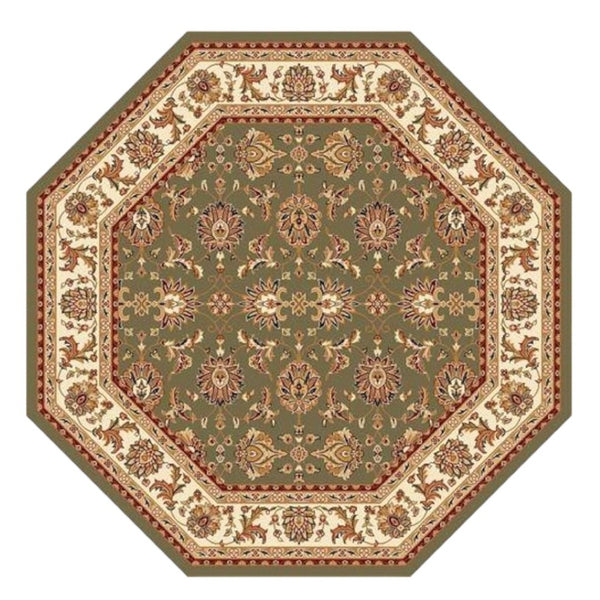 HomeRoots 7' Floral Octagon Rug - Timeless Elegance & Durable Design for Homes with Kids and Pets, Easy Care Green, Ivory 352866