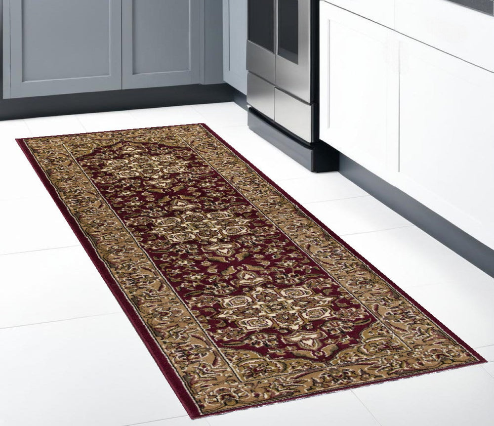 HomeRoots 7' Red and Beige Floral Medallion Rug - Elegant Octagon Design for Living Room and Dining Spaces 7' Octagon 352870