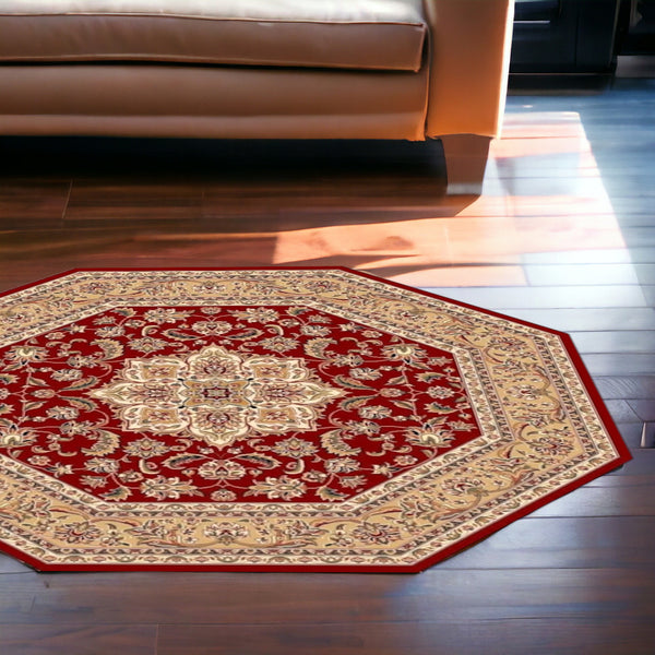 Homeroots Red And Beige Octagon Medallion Area Rug  Polypropylene 352871