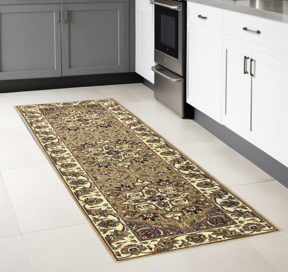 HomeRoots 7' Elegant Beige and Ivory Floral Octagon Area Rug for Stylish Living Spaces and Comfort 8" Round 352874