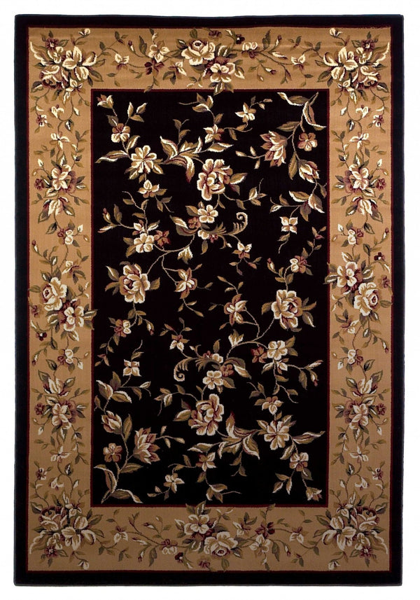 HomeRoots 7' Elegant Floral Vine Area Rug in Tan, Black & Beige - Durable, Cozy & Perfect for Any Space 7' Octagon 352880