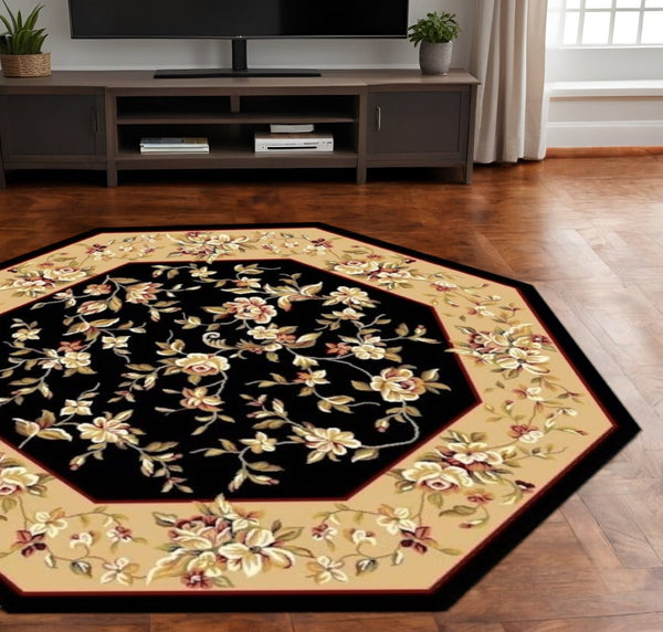 HomeRoots 7' Elegant Floral Vine Area Rug in Tan, Black & Beige - Durable, Cozy & Perfect for Any Space 7' Octagon 352880