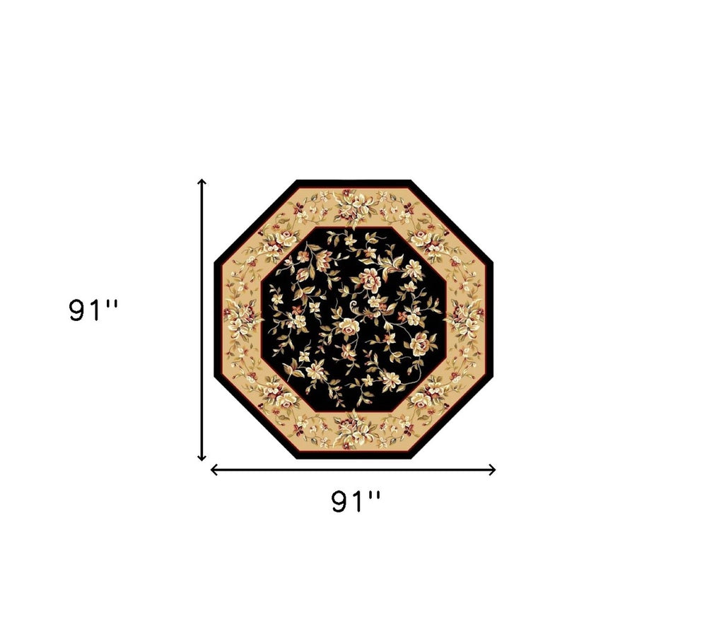 HomeRoots 7' Elegant Floral Vine Area Rug in Tan, Black & Beige - Durable, Cozy & Perfect for Any Space 7' Octagon 352880