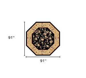 HomeRoots 7' Elegant Floral Vine Area Rug in Tan, Black & Beige - Durable, Cozy & Perfect for Any Space 7' Octagon 352880
