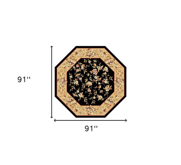 HomeRoots 7' Elegant Floral Vine Area Rug in Tan, Black & Beige - Durable, Cozy & Perfect for Any Space 7' Octagon 352880
