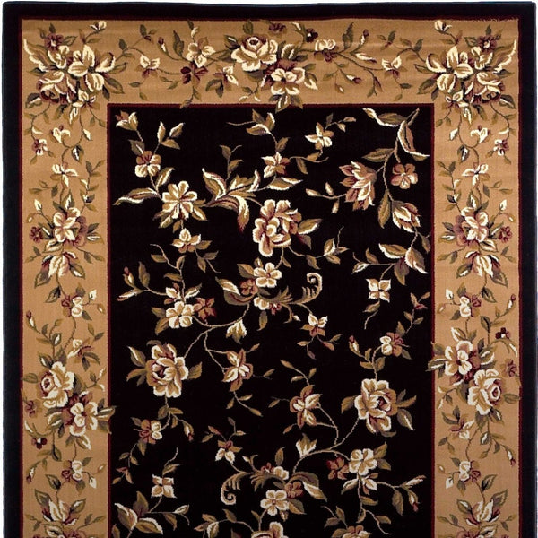 HomeRoots 7' Elegant Floral Vine Area Rug in Tan, Black & Beige - Durable, Cozy & Perfect for Any Space 7' Octagon 352880