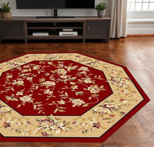 HomeRoots 10' Traditional Red and Beige Floral Vines Area Rug for Living Rooms - Durable, Elegant Design 8" Round 352882