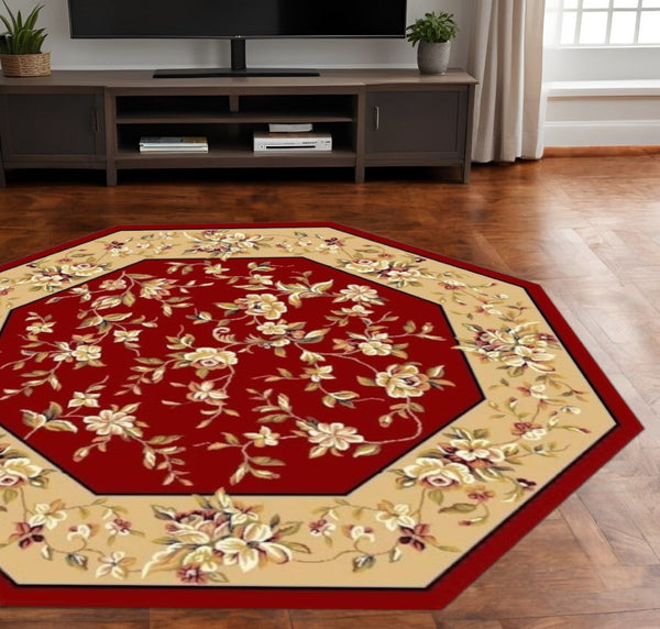 HomeRoots 10' Traditional Red and Beige Floral Vines Area Rug for Living Rooms - Durable, Elegant Design 8" Round 352882