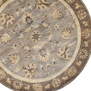 HomeRoots 8' Timeless Gray Brown Ivory Floral Medallion Hand-Tufted Area Rug in New Zealand Lambs Wool 6' Round 352887