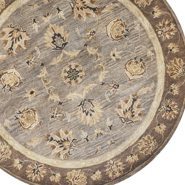 HomeRoots 8' Timeless Gray Brown Ivory Floral Medallion Hand-Tufted Area Rug in New Zealand Lambs Wool 6' Round 352887