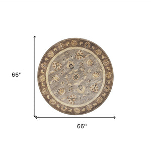 HomeRoots 8' Timeless Gray Brown Ivory Floral Medallion Hand-Tufted Area Rug in New Zealand Lambs Wool 6' Round 352887