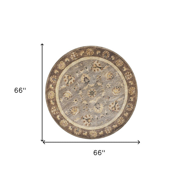 HomeRoots 8' Timeless Gray Brown Ivory Floral Medallion Hand-Tufted Area Rug in New Zealand Lambs Wool 6' Round 352887