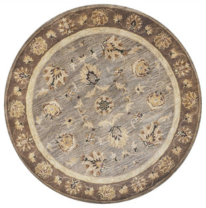 HomeRoots 8' Timeless Gray Brown Ivory Floral Medallion Hand-Tufted Area Rug in New Zealand Lambs Wool 6' Round 352887