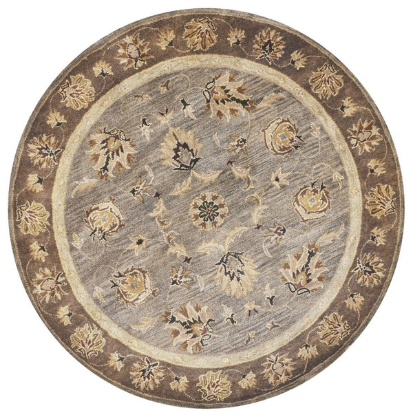 HomeRoots 8' Timeless Gray Brown Ivory Floral Medallion Hand-Tufted Area Rug in New Zealand Lambs Wool 6' Round 352887
