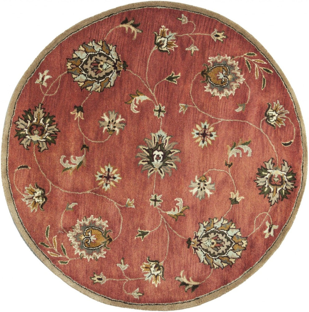 HomeRoots 8' Hand-Tufted Wool Area Rug with Timeless Floral Vines in Sienna Gold and Green for Elegant Spaces 6" Round 352892