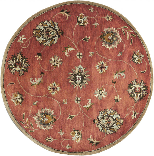 Homeroots 6' Sienna Orange Hand Tufted Traditional Round Indoor Area Rug  Wool 352892