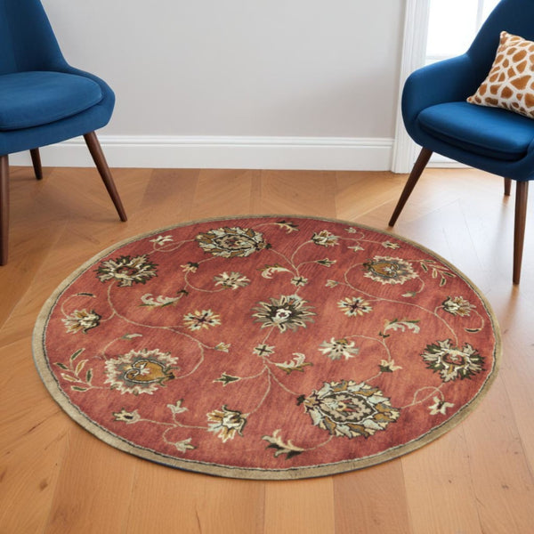 HomeRoots 8' Hand-Tufted Wool Area Rug with Timeless Floral Vines in Sienna Gold and Green for Elegant Spaces 6" Round 352892