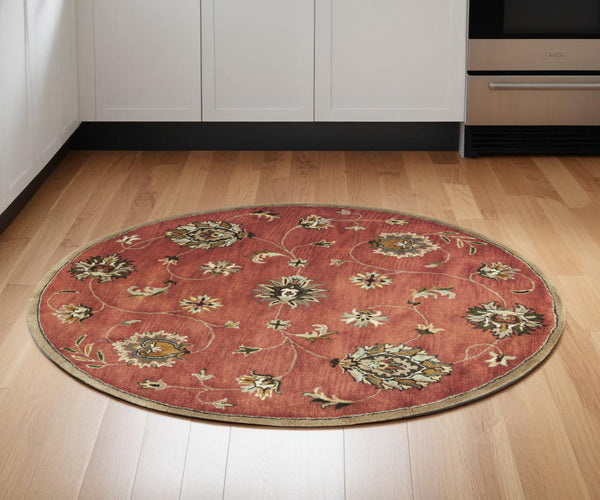 Homeroots 6' Sienna Orange Hand Tufted Traditional Round Indoor Area Rug  Wool 352892