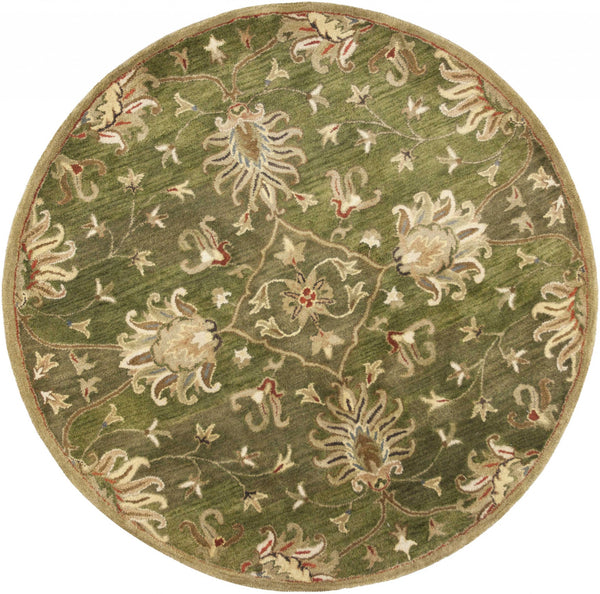 Homeroots 5' Round Emerald Green Floral Vine Wool Indoor Area Rug  Wool 352893