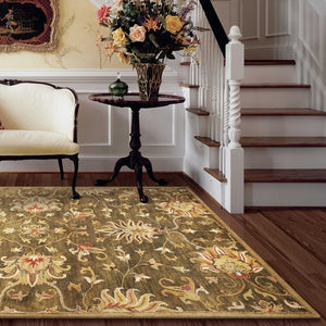 HomeRoots 8' Hand-Tufted Wool Area Rug with Elegant Floral Medallion Design in Rich Green, Red & Ivory Tones 5' Round 352893