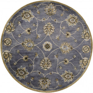 HomeRoots 8' Hand-Tufted New Zealand Lambs Wool Floral Area Rug - Elegant Dark Gray, Green & Brown Design 6' Round 352894