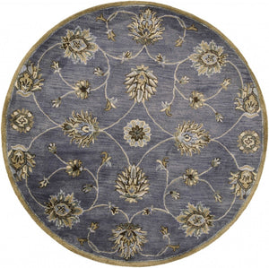 HomeRoots 8' Hand-Tufted New Zealand Lambs Wool Floral Area Rug - Elegant Dark Gray, Green & Brown Design 6' Round 352894