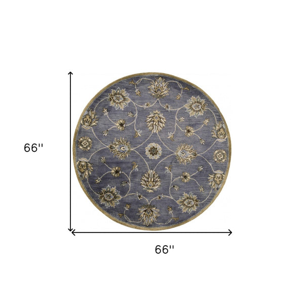 HomeRoots 8' Hand-Tufted New Zealand Lambs Wool Floral Area Rug - Elegant Dark Gray, Green & Brown Design 6' Round 352894