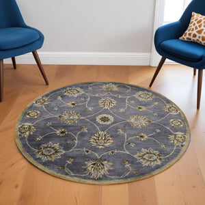 HomeRoots 8' Hand-Tufted New Zealand Lambs Wool Floral Area Rug - Elegant Dark Gray, Green & Brown Design 6' Round 352894