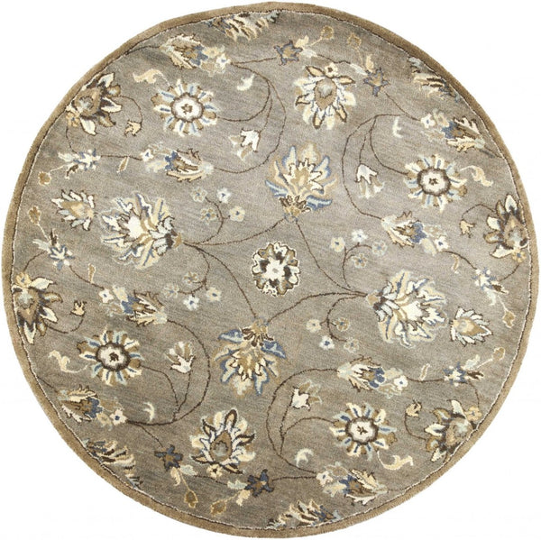 HomeRoots 8' Hand-Tufted Wool Floral Area Rug in Gray, Ivory & Brown - Elegant Design for Timeless Décor 5' Round 352895
