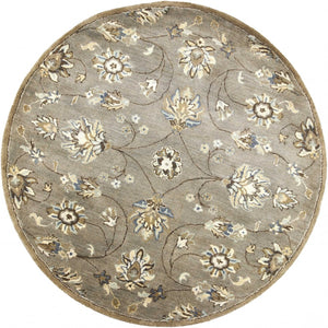 HomeRoots 8' Hand-Tufted Wool Floral Area Rug in Gray, Ivory & Brown - Elegant Design for Timeless Décor 5' Round 352895
