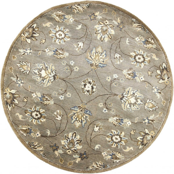 HomeRoots 8' Hand-Tufted Wool Floral Area Rug in Gray, Ivory & Brown - Elegant Design for Timeless Décor 5' Round 352895