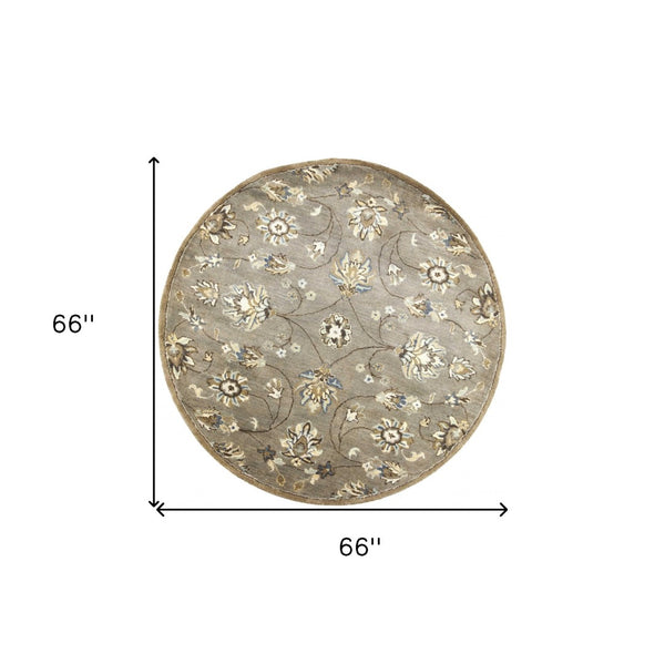 HomeRoots 8' Hand-Tufted Wool Floral Area Rug in Gray, Ivory & Brown - Elegant Design for Timeless Décor 5' Round 352895