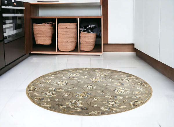 HomeRoots 8' Hand-Tufted Wool Floral Area Rug in Gray, Ivory & Brown - Elegant Design for Timeless Décor 5' Round 352895