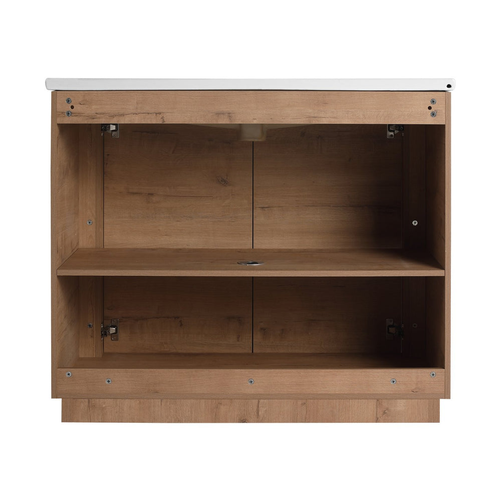 English Elm 40'' Freestanding Bathroom Vanity With Ceramic Sink, Soft-Close Doors & Side Cabinet For Stylish Storage W999S00404