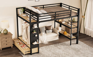 English Elm Full Size Loft Bed Frame With Integrated Wardrobe, Storage Shelves, And Pegboard For Smart Living W1580S00232