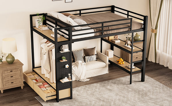 English Elm Full Size Loft Bed Frame With Integrated Wardrobe, Storage Shelves, And Pegboard For Smart Living W1580S00232