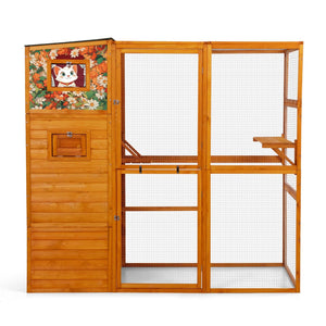 English Elm 70" Outdoor Cat Catio Spruce Wood Weatherproof Enclosure with 4 Tiers and Mesh Run W2181P356201
