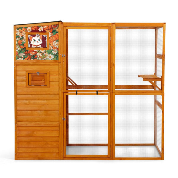 English Elm 70" Outdoor Cat Catio Spruce Wood Weatherproof Enclosure with 4 Tiers and Mesh Run W2181P356201