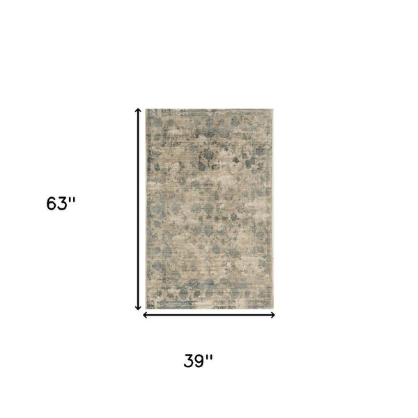 HomeRoots 5' Hand Loomed Beige and Blue Floral Medallion Area Rug – Artisanal Charm for Your Living Space 3' X 5' 352900