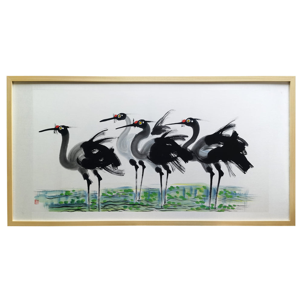 Lilys Color Ink Painting-A Group Of Resting Red Crowned Crane Wooden Frame 65X34H 3529