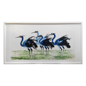 Lilys Color Ink Painting-A Group Of Resting Red Crowned Crane White Frame 65X34H 3529-1