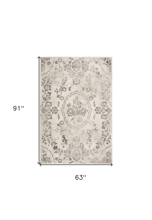 HomeRoots 8' Gray and Tan Floral Distressed Area Rug - Timeless Vintage Style for High-Traffic Family Spaces 5' X 8' 352929